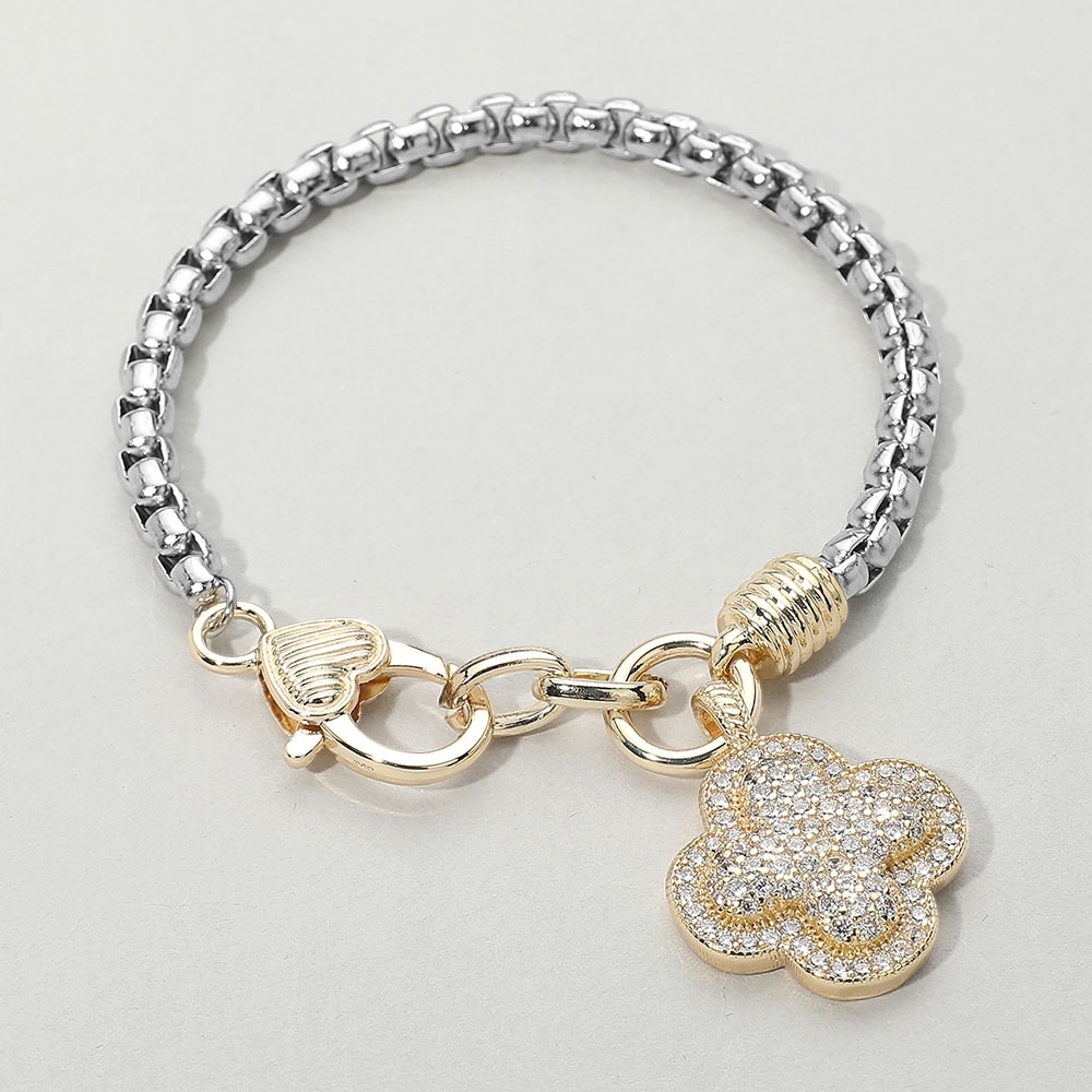 Two Tone 14K CZ Stone Quatrefoil Pendant Chain Dangle Charm Bracelet Silver